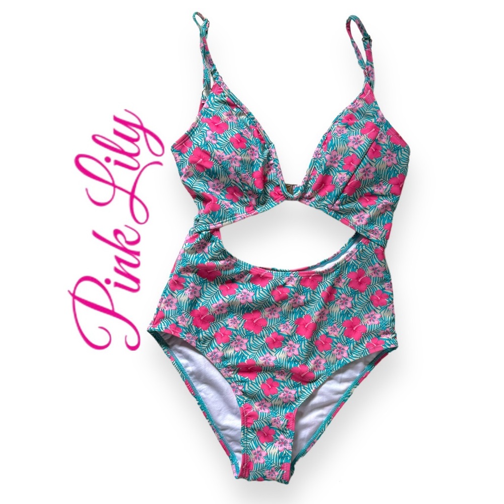 Pink Lily Tropical Floral One Piece Swimsuit - Pink and Green